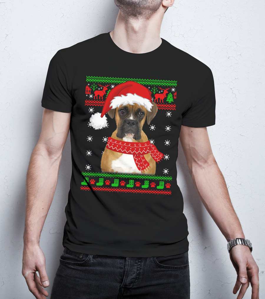 Boxer Dog Christmas Puppy Ugly Sweater Santa Hat Reindeer Snowflakes T-Shirt