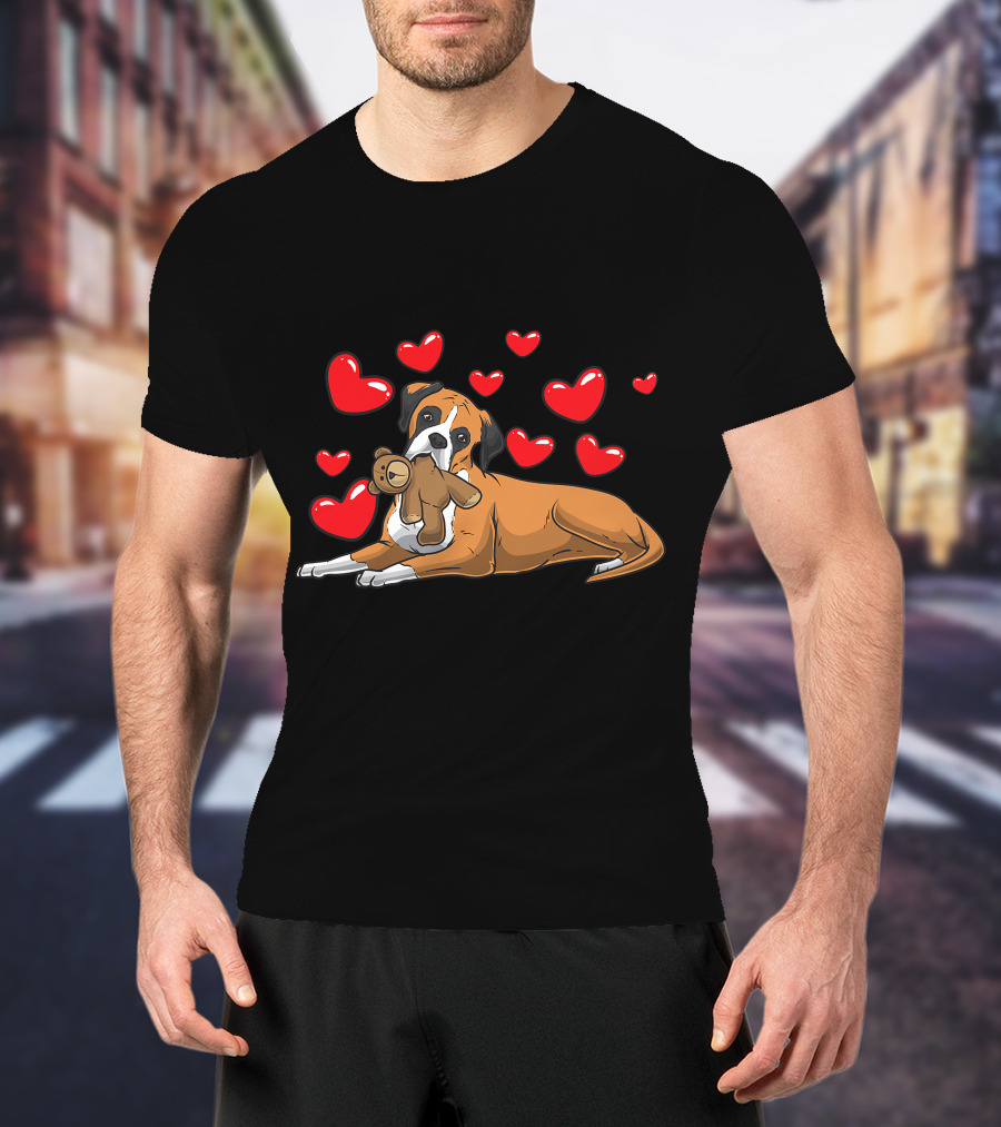 Boxer Dog Cuddling Teddy Bear Surrounded By Red Hearts T-Shirt