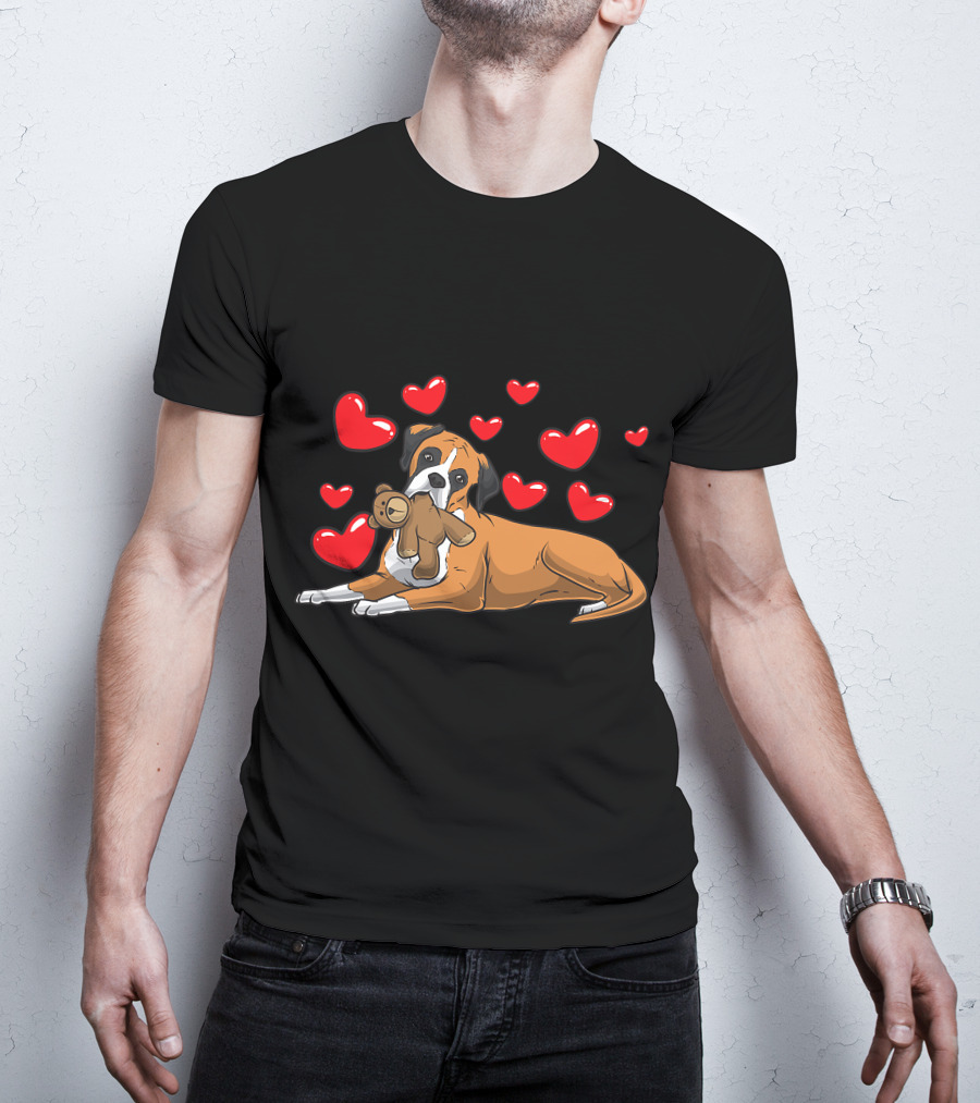 Boxer Dog Cuddling Teddy Bear Surrounded By Red Hearts T-Shirt