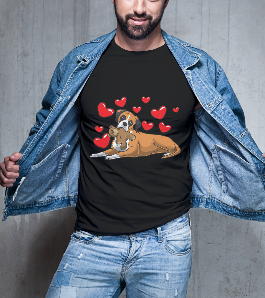 Boxer Dog Cuddling Teddy Bear Surrounded By Red Hearts T-Shirt