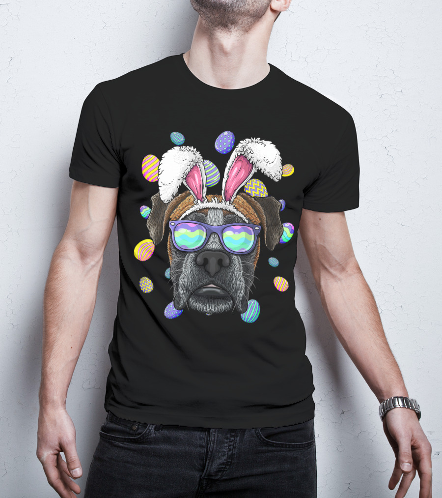 Boxer Dog With Bunny Ears And Sunglasses Surrounded By Colorful Easter Eggs T-Shirt