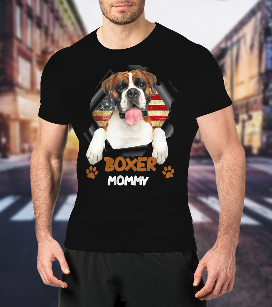 Boxer Mommy Dog With Torn American Flag Background T-Shirt