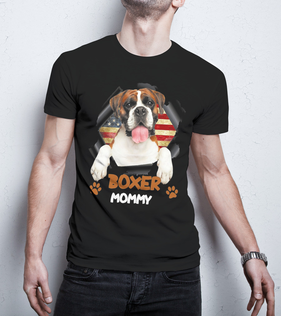 Boxer Mommy Dog With Torn American Flag Background T-Shirt