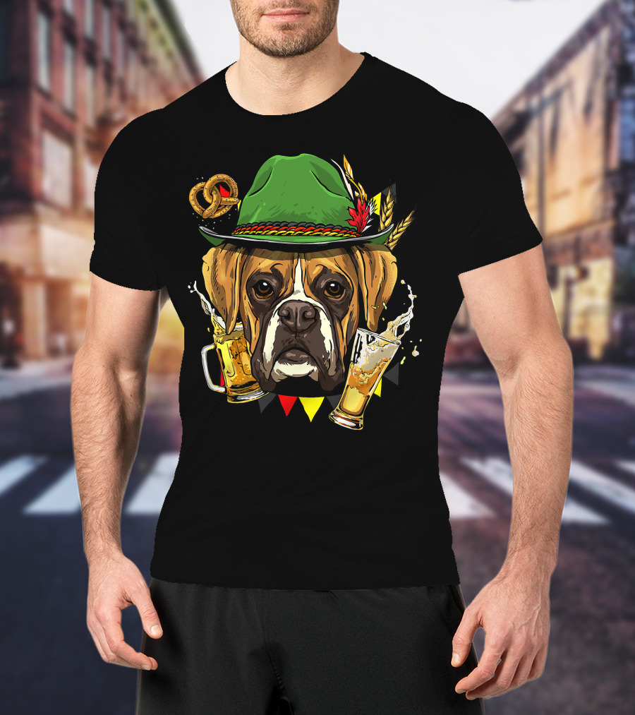 Oktoberfest Boxer Dog Lederhosen Beer Pretzel Hat T-Shirt