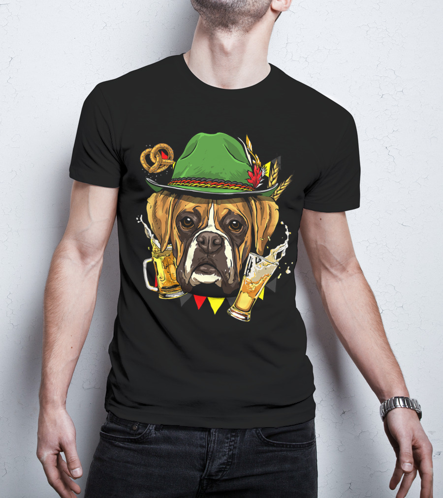 Oktoberfest Boxer Dog Lederhosen Beer Pretzel Hat T-Shirt