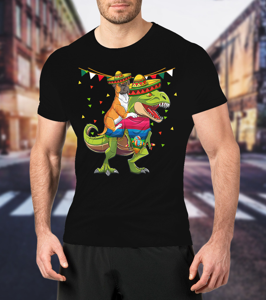 Boxer Dog With Sombrero Riding Dinosaur Rex Fiesta Flag Party T-Shirt