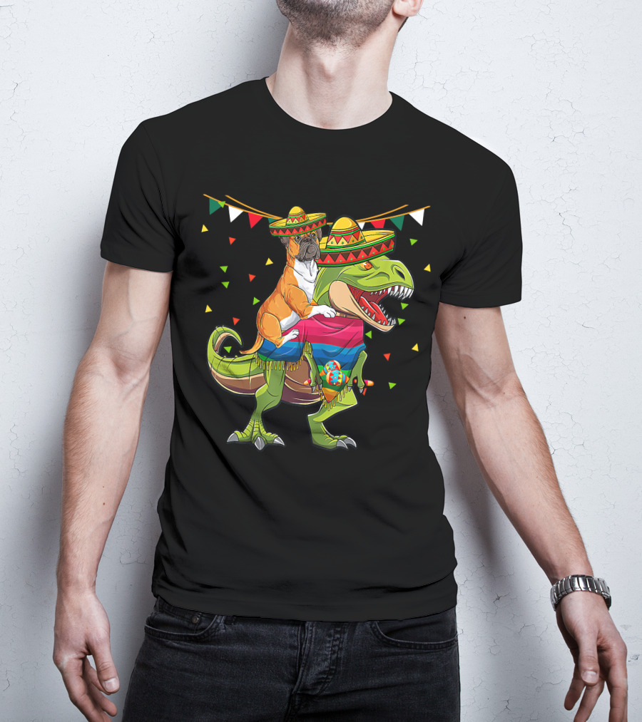 Boxer Dog With Sombrero Riding Dinosaur Rex Fiesta Flag Party T-Shirt