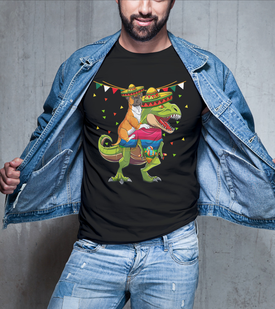 Boxer Dog With Sombrero Riding Dinosaur Rex Fiesta Flag Party T-Shirt