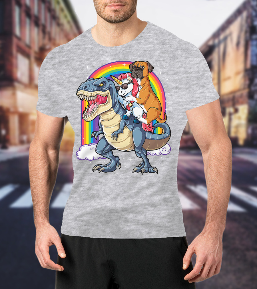 Boxer Riding Dinosaur Unicorn T-Shirt