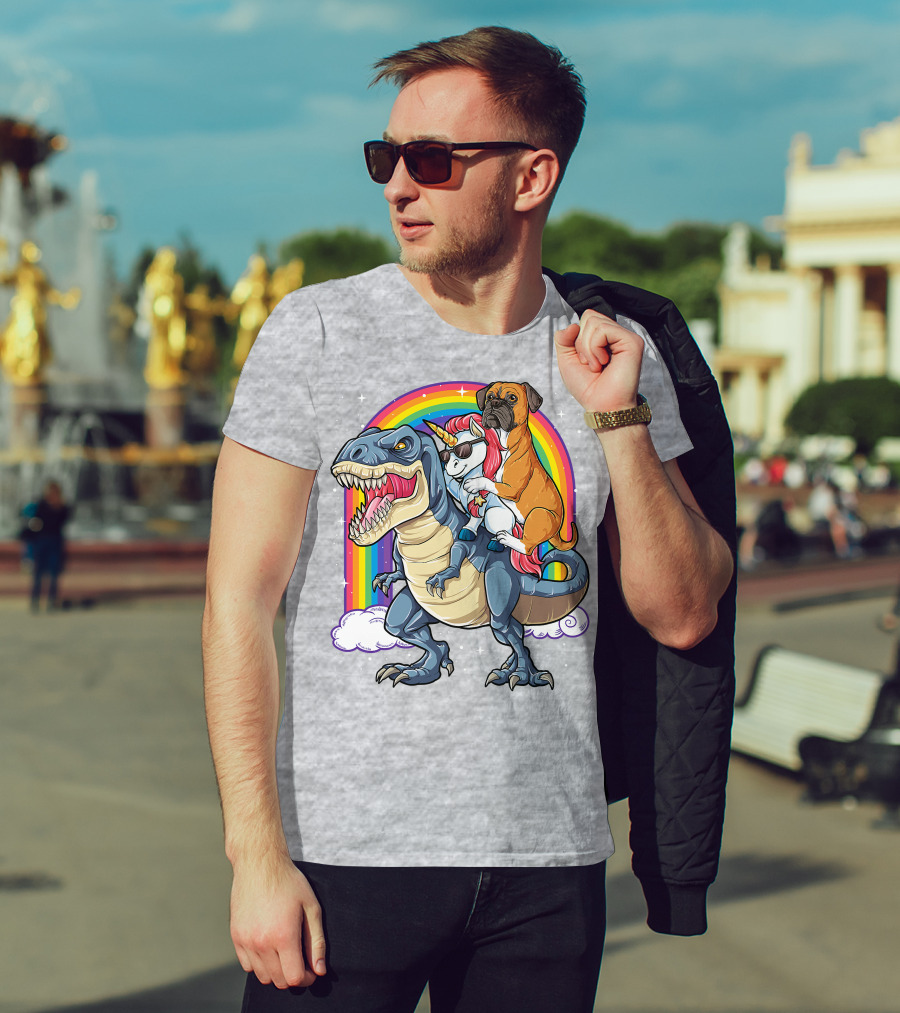 Boxer Riding Dinosaur Unicorn T-Shirt