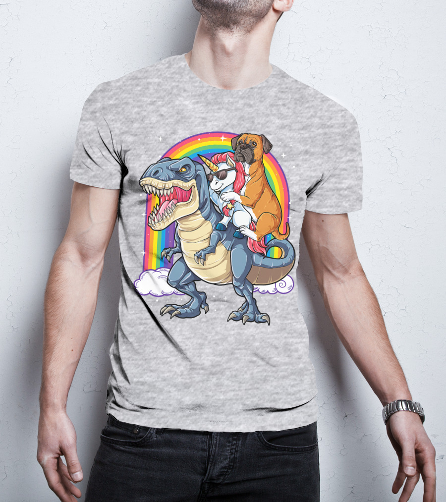 Boxer Riding Dinosaur Unicorn T-Shirt