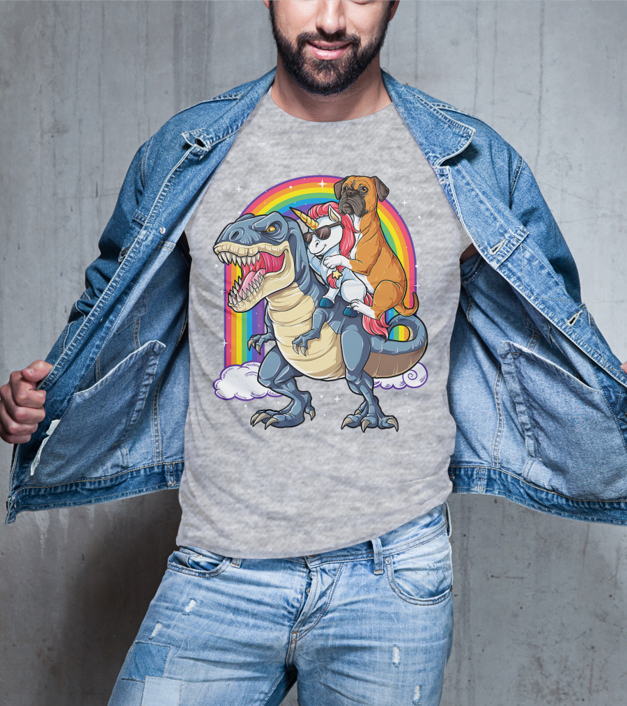 Boxer Riding Dinosaur Unicorn T-Shirt
