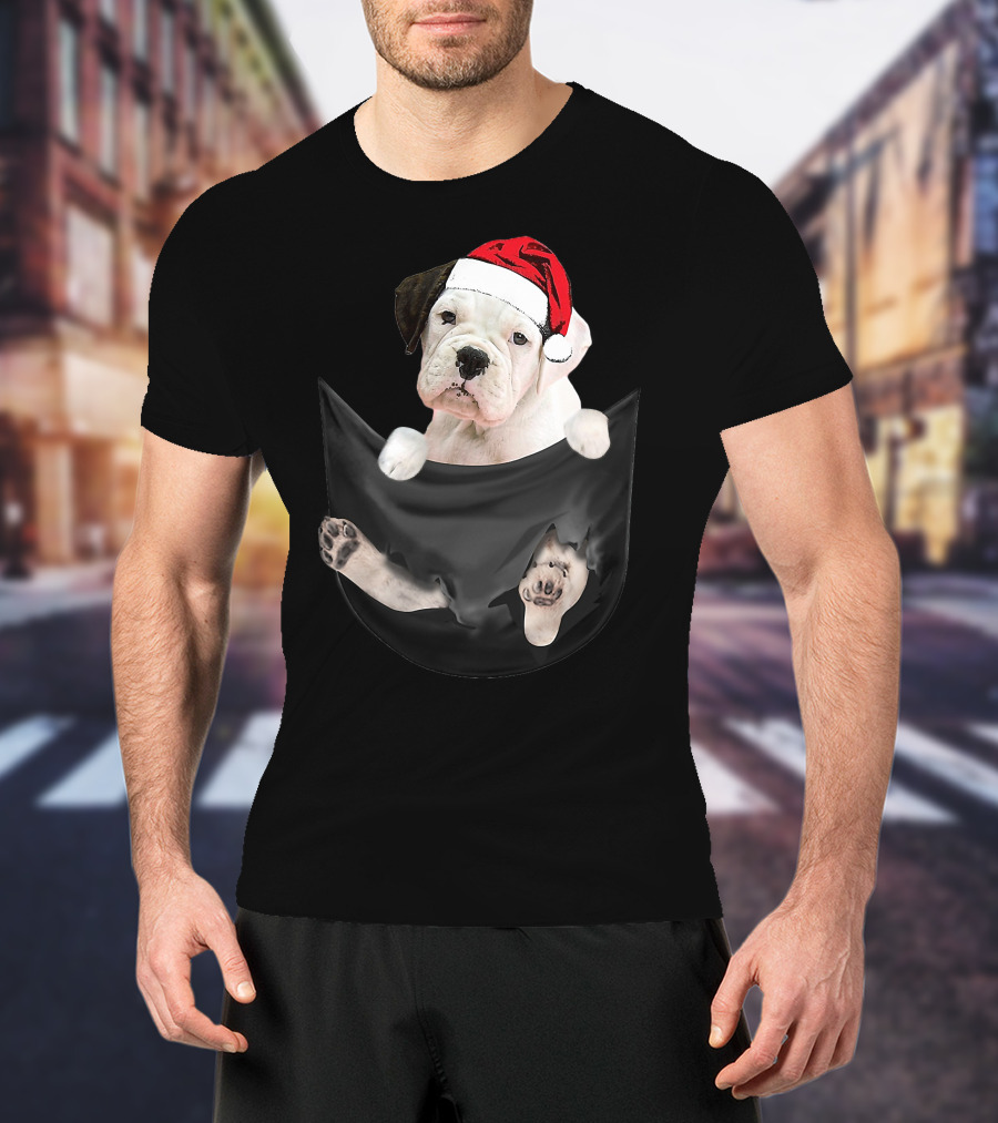 White Boxer Dog Santa Hat Christmas Pocket Mid-Length T-Shirt