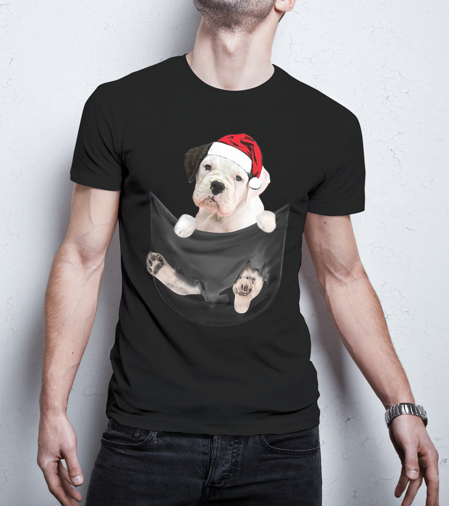 White Boxer Dog Santa Hat Christmas Pocket Mid-Length T-Shirt