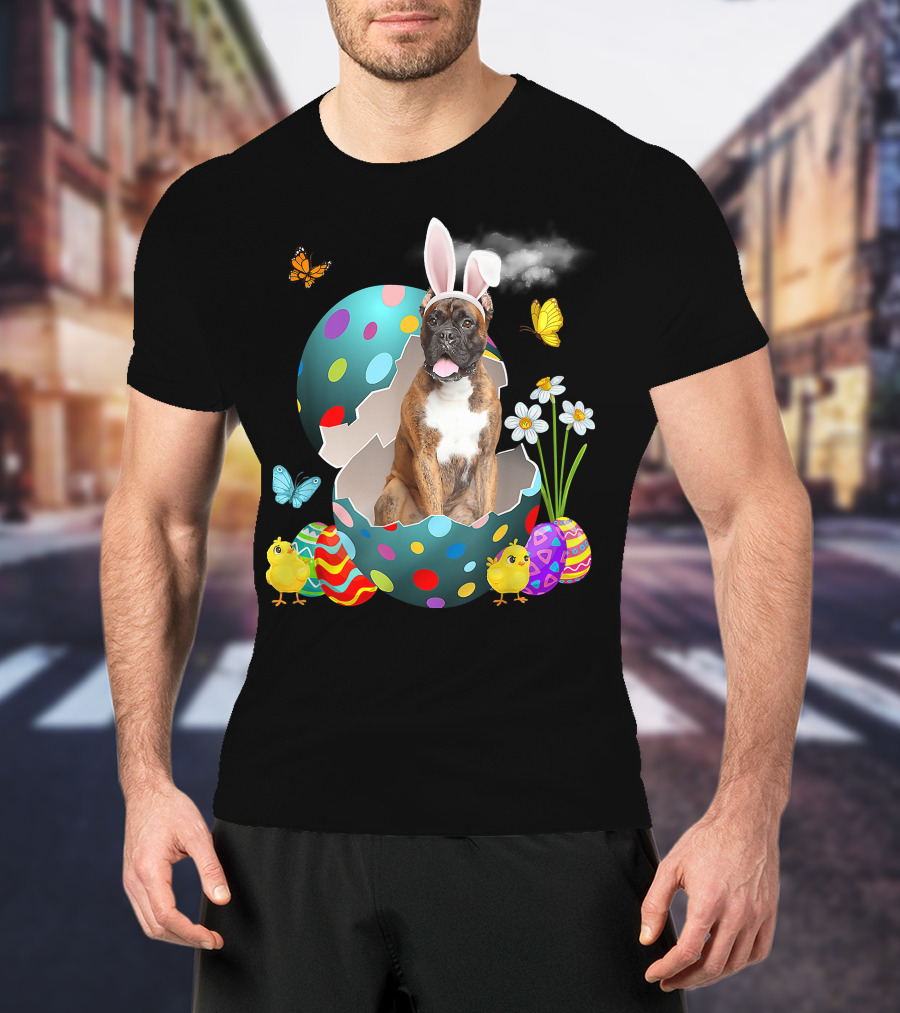 Bunny Boxer Dog With Easter Eggs Chicks Butterflies And Flowers T-Shirt