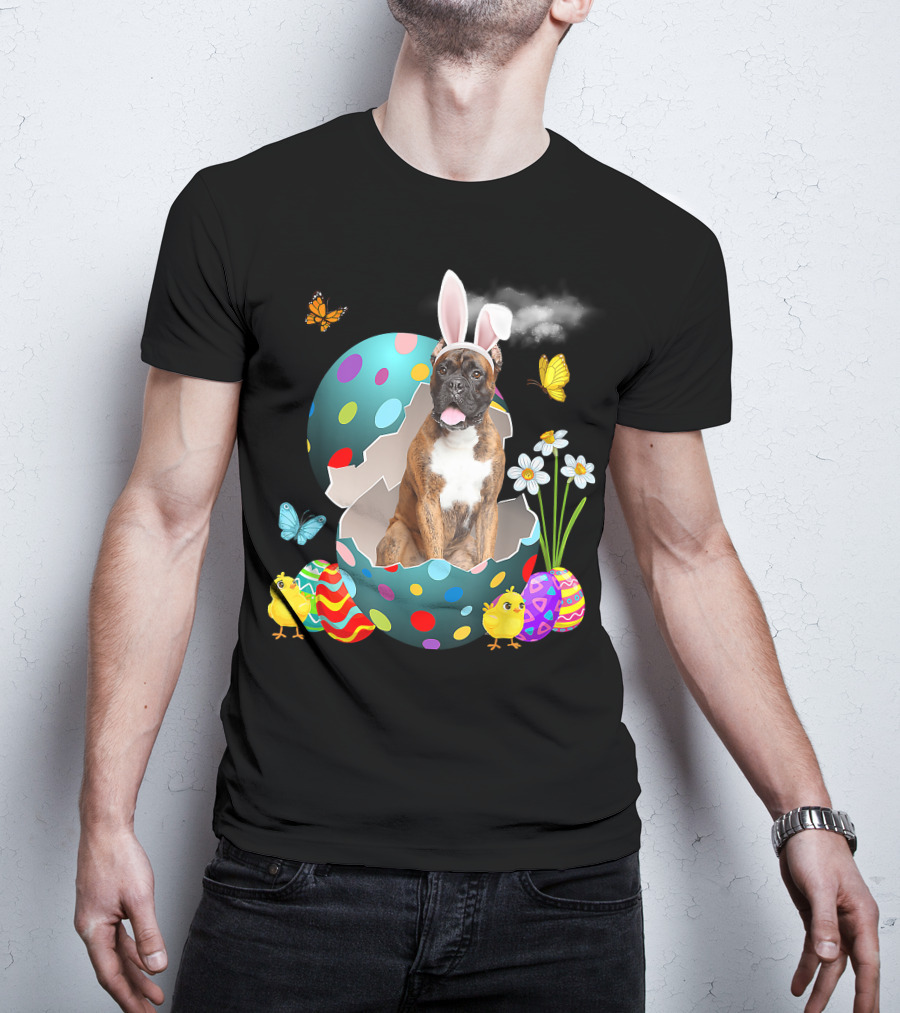 Bunny Boxer Dog With Easter Eggs Chicks Butterflies And Flowers T-Shirt