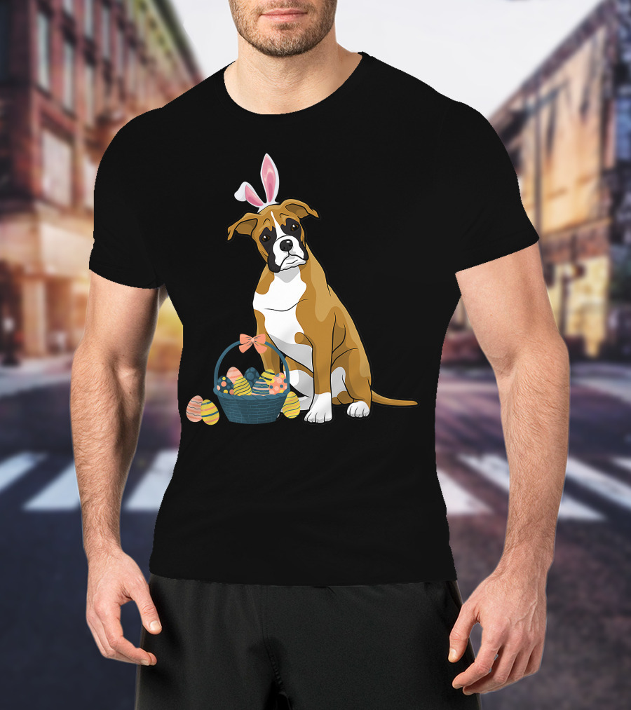Bunny Ears Boxer Dog Cute Doge Rabbit With Easter Eggs Basket T-Shirt