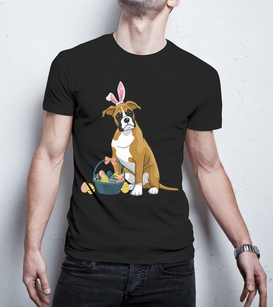 Bunny Ears Boxer Dog Cute Doge Rabbit With Easter Eggs Basket T-Shirt