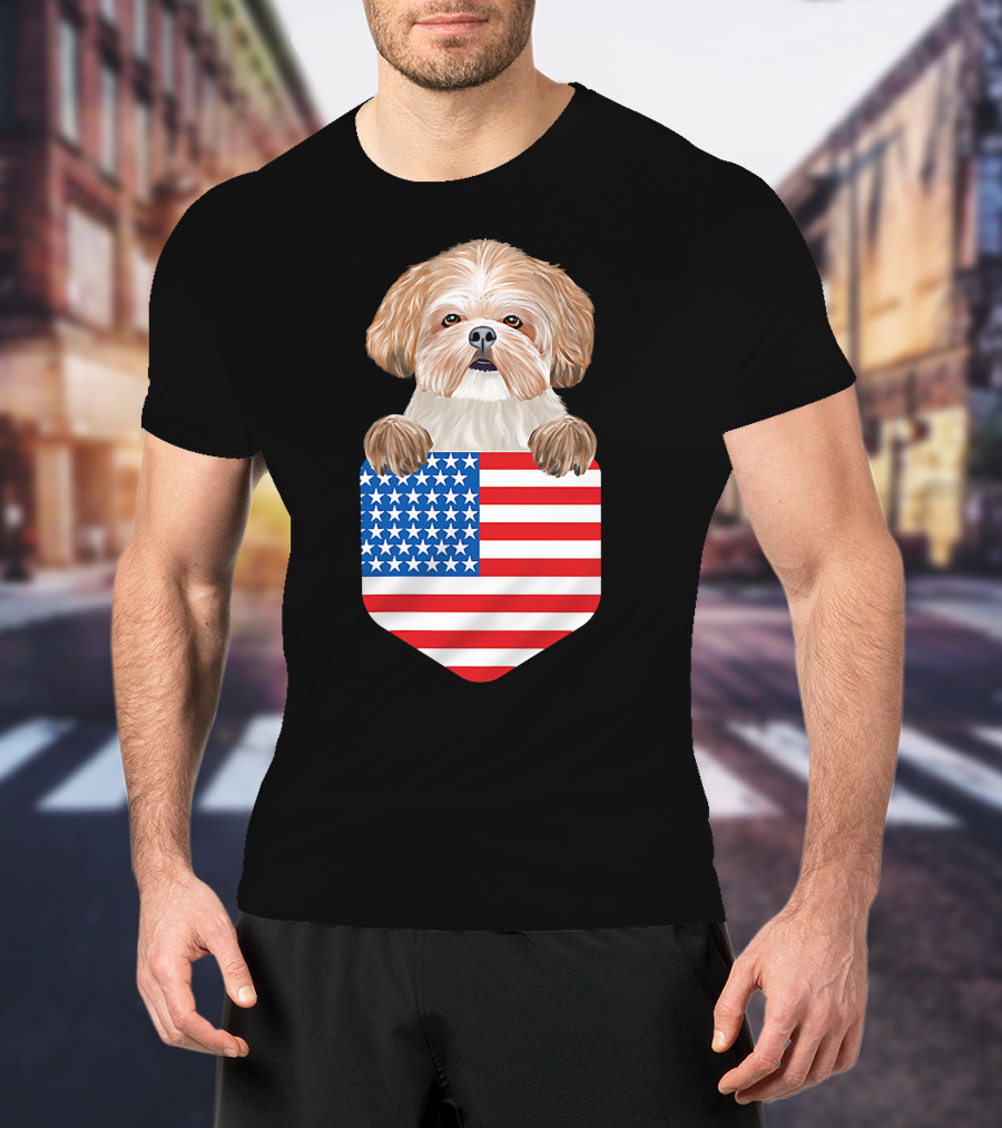 Shih Tzu Dog In American Flag Pocket T-Shirt