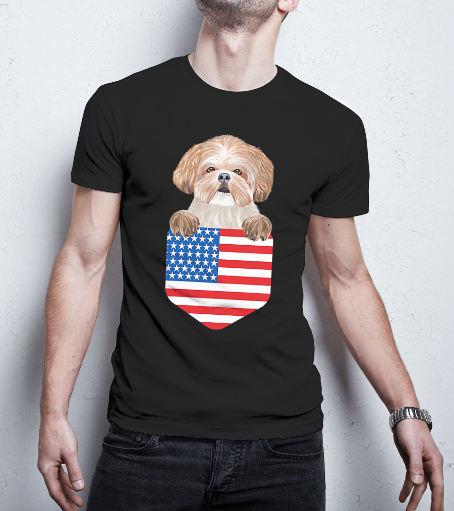 Shih Tzu Dog In American Flag Pocket T-Shirt