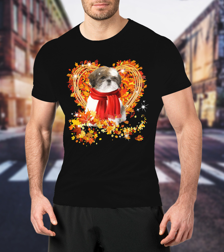 Baby Shih Tzu Love Autumn Fall Season With Heart Leaves T-Shirt