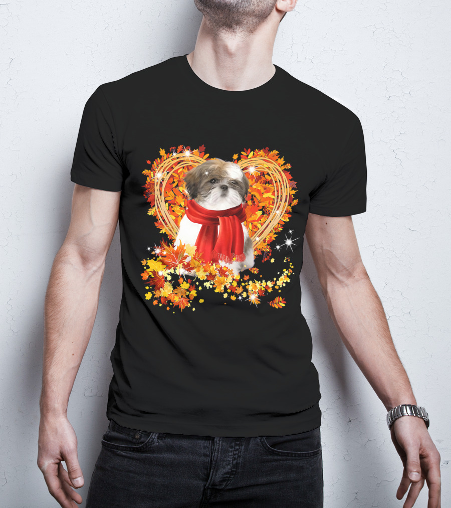 Baby Shih Tzu Love Autumn Fall Season With Heart Leaves T-Shirt