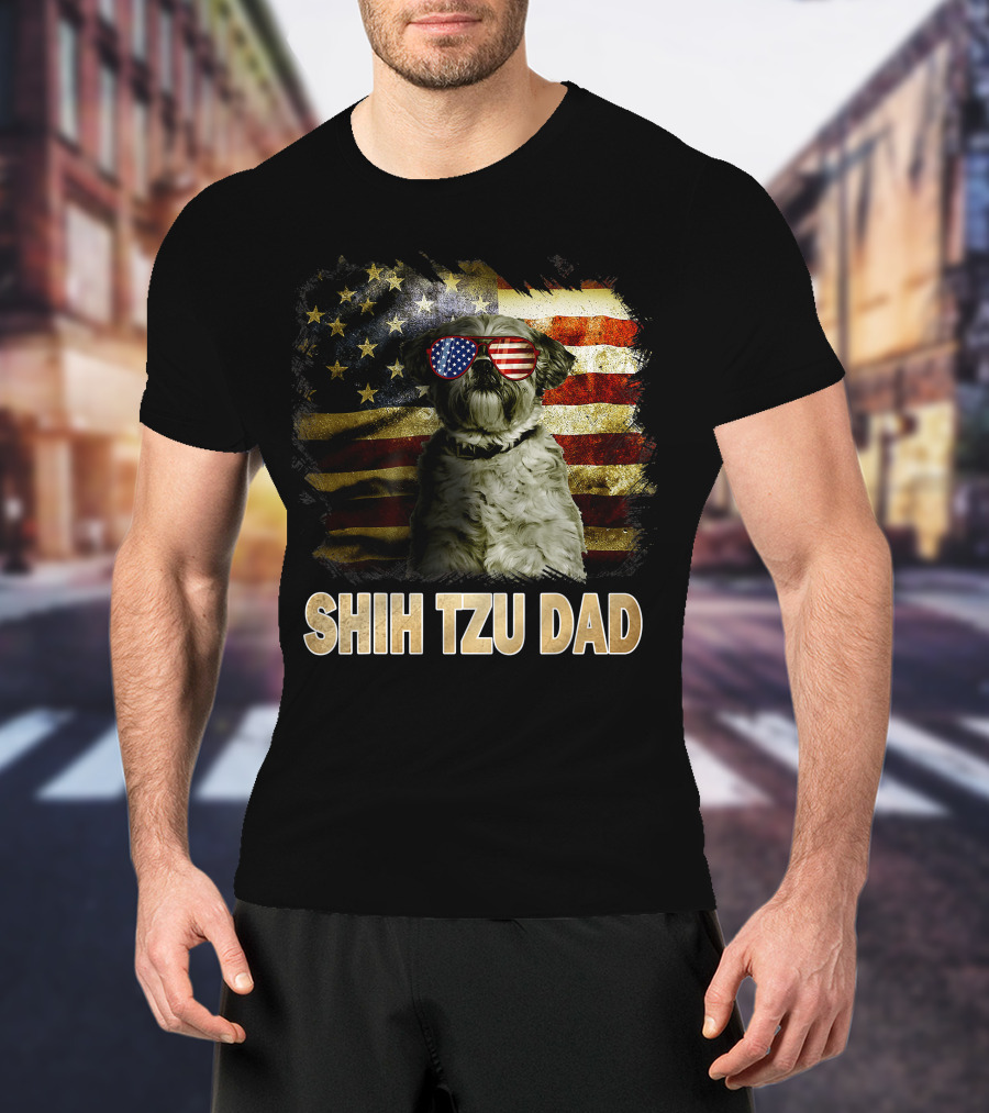 Shih Tzu Dad American Flag Glasses Patriotic Dog Holiday T-Shirt