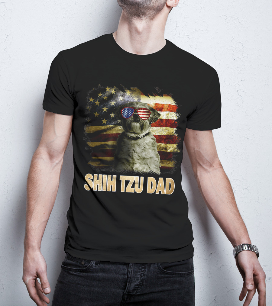 Shih Tzu Dad American Flag Glasses Patriotic Dog Holiday T-Shirt