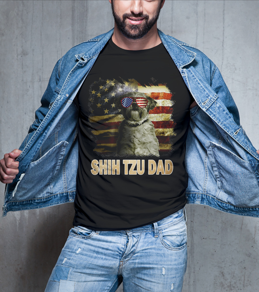 Shih Tzu Dad American Flag Glasses Patriotic Dog Holiday T-Shirt