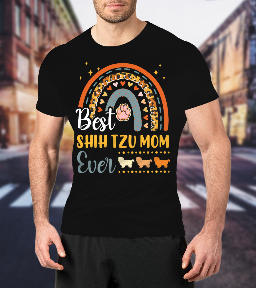 Shih Tzu Mom Ever Paw Print Rainbow Hearts T-Shirt