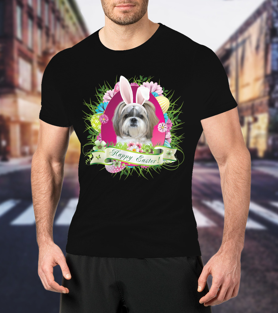Happy Easter Bunny Shih Tzu Dog With Flowers And Eggs T-Shirt