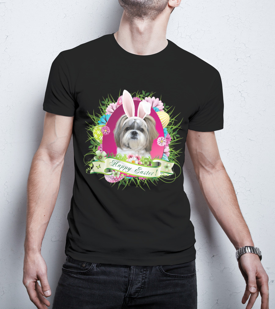 Happy Easter Bunny Shih Tzu Dog With Flowers And Eggs T-Shirt
