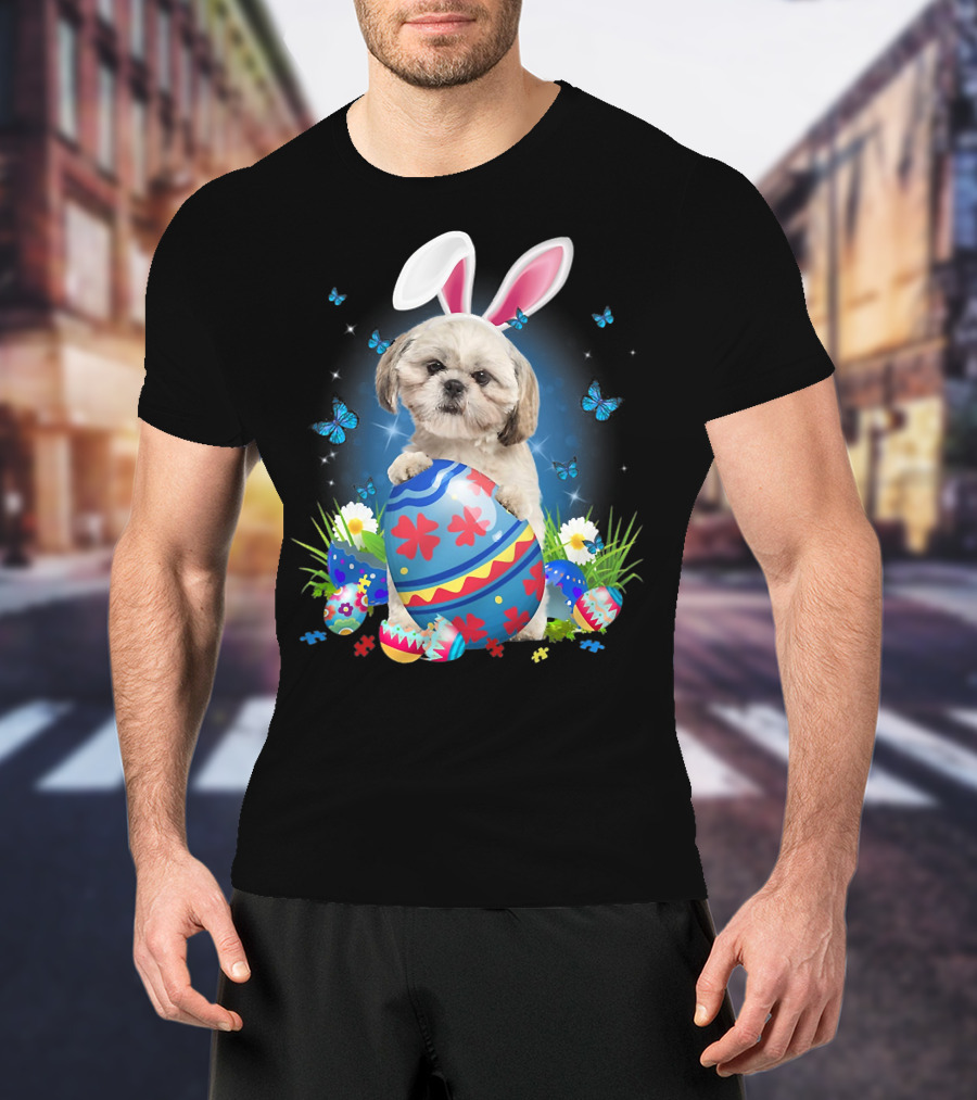 Easter Bunny Shih Tzu With Egg Basket And Flowers T-Shirt