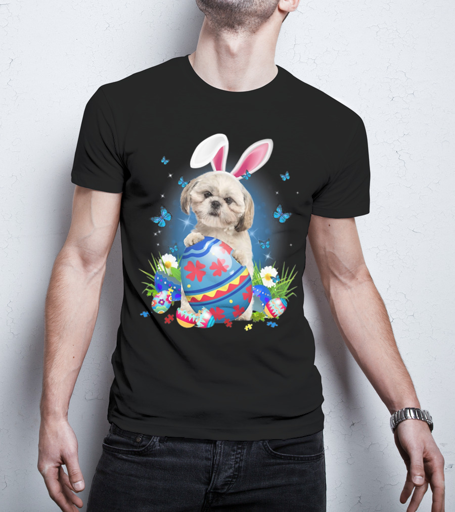 Easter Bunny Shih Tzu With Egg Basket And Flowers T-Shirt