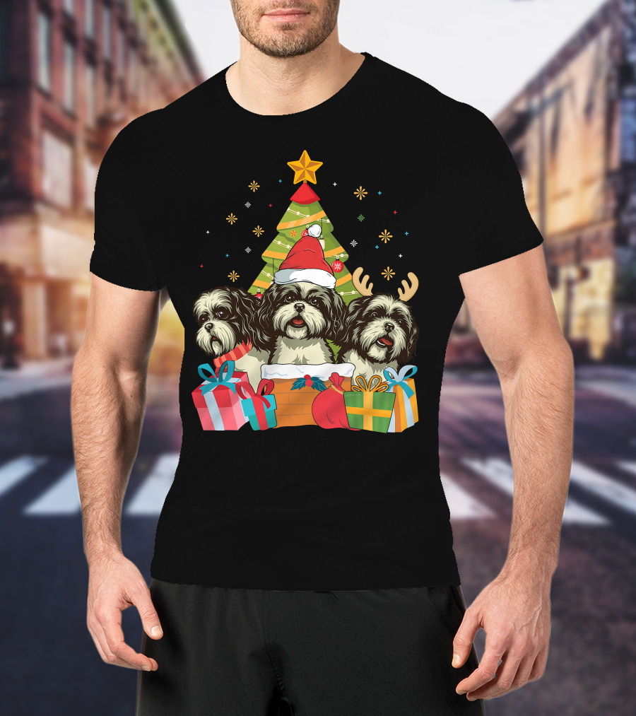 Christmas Shih Tzu Dogs With Santa Hat And Antlers By Xmas Tree T-Shirt