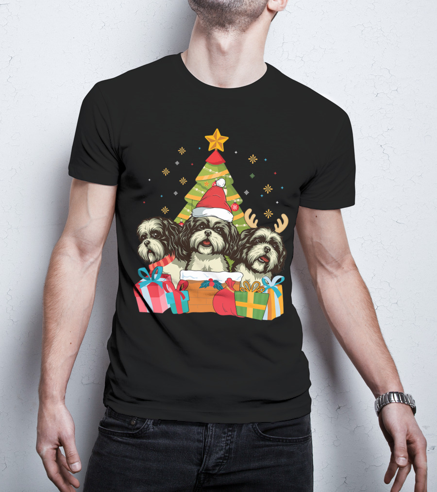Christmas Shih Tzu Dogs With Santa Hat And Antlers By Xmas Tree T-Shirt