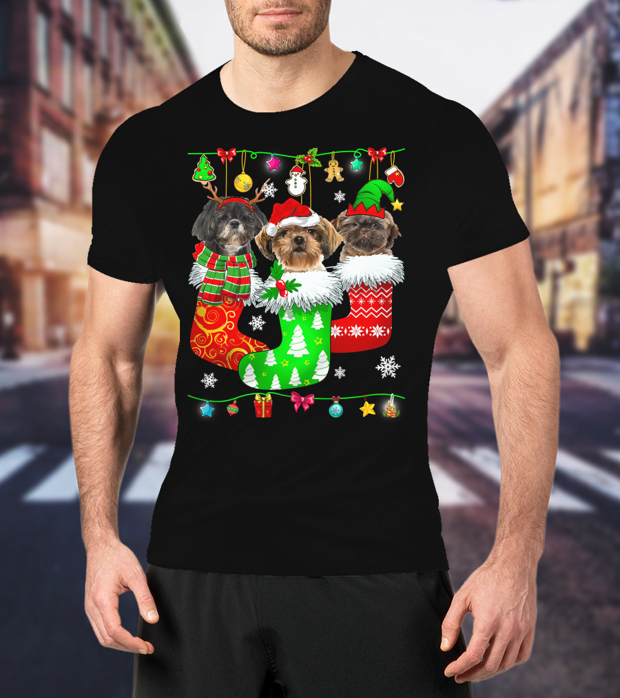 Christmas Shih Tzu Dogs In Festive Holiday Socks Pajama Lover T-Shirt