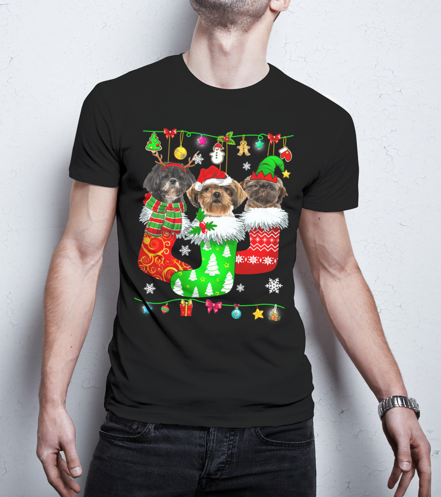Christmas Shih Tzu Dogs In Festive Holiday Socks Pajama Lover T-Shirt