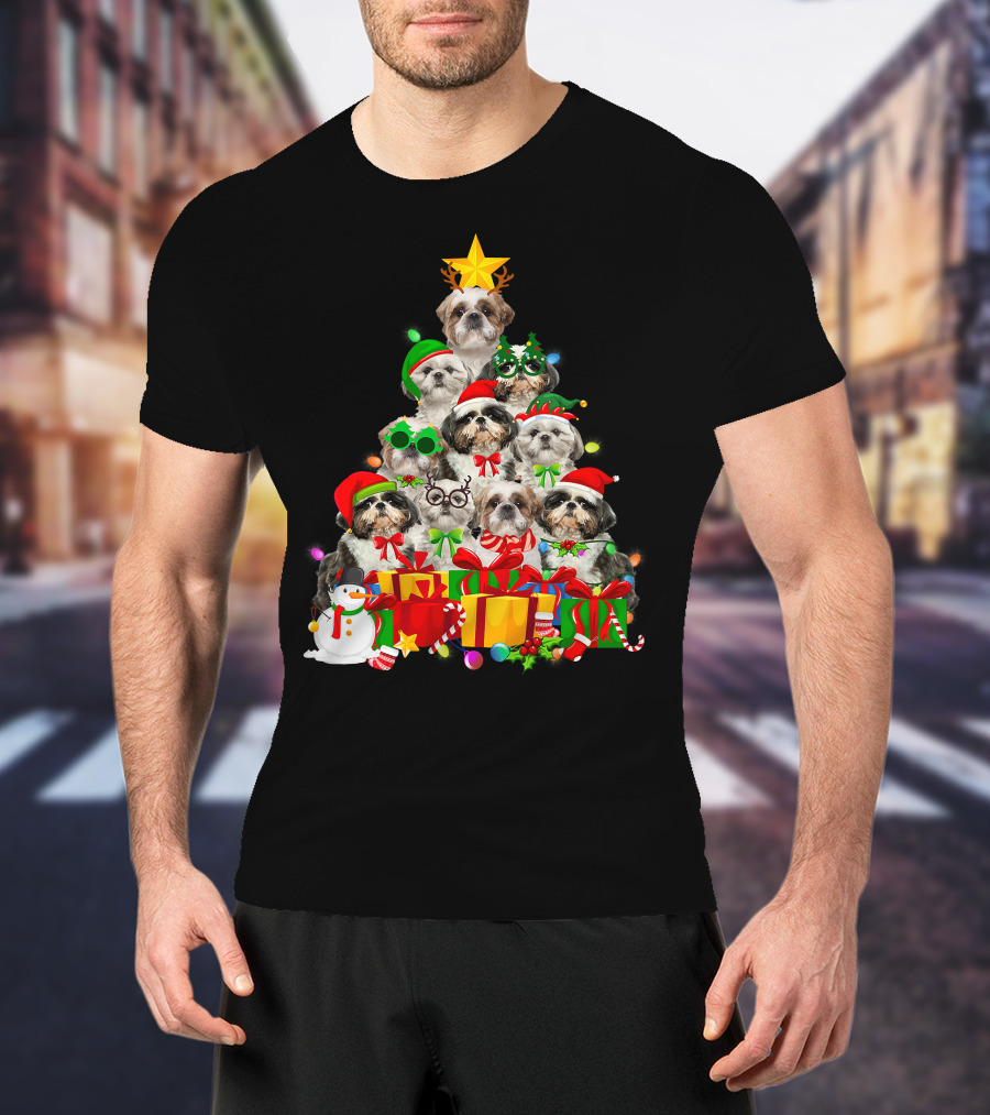 Christmas Tree Puppy Love Shih Tzu Dog Xmas Lights T-Shirt