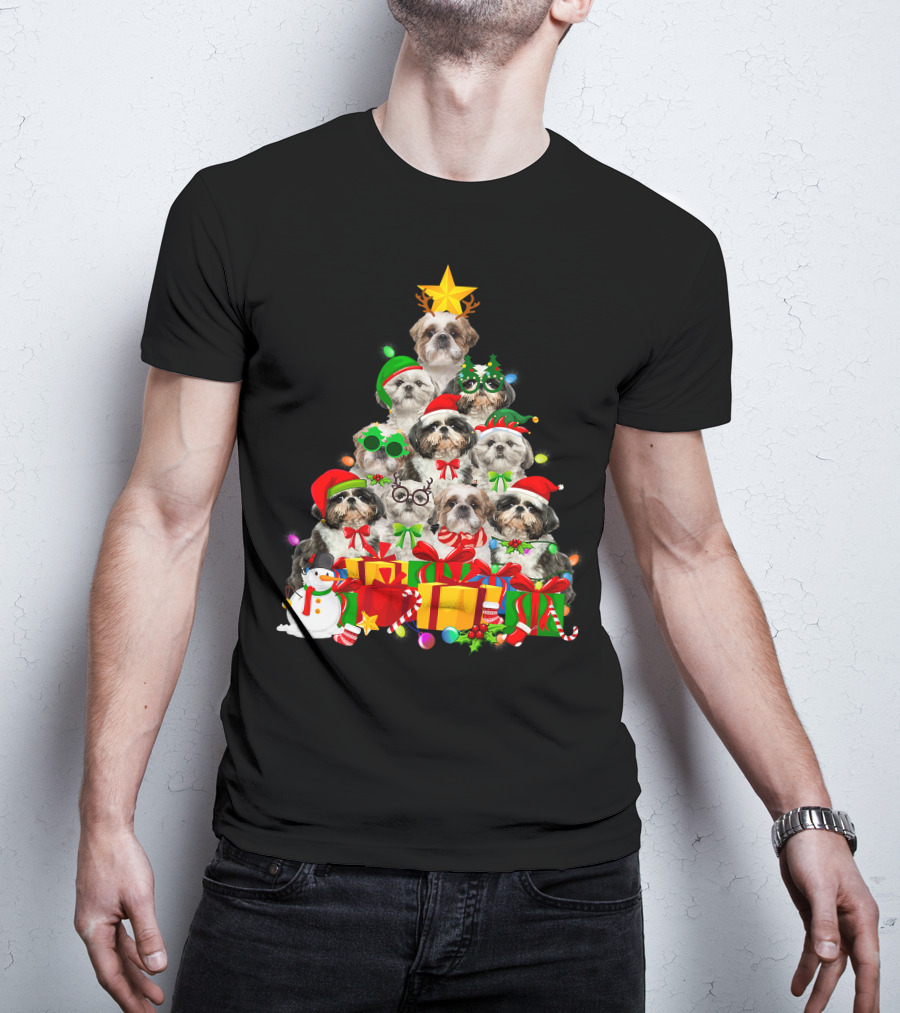 Christmas Tree Puppy Love Shih Tzu Dog Xmas Lights T-Shirt