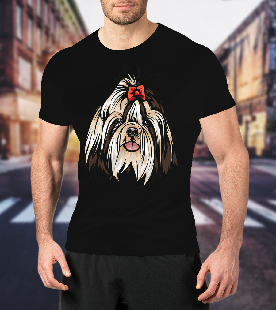 Cool Shih Tzu Face Red Bow Detailed T-Shirt