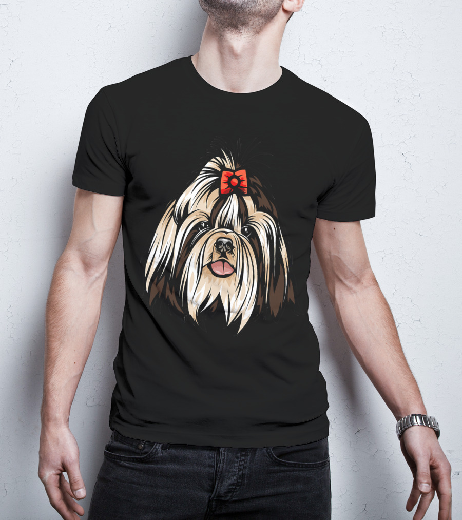 Cool Shih Tzu Face Red Bow Detailed T-Shirt