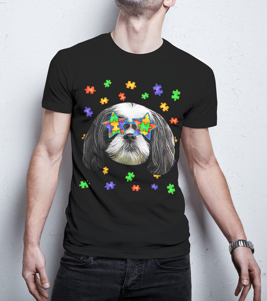 Autism Shih Tzu Dog Wearing Star Puzzle Piece Sunglasses With Colorful Pet Puzzle Surrounding T-Shirt