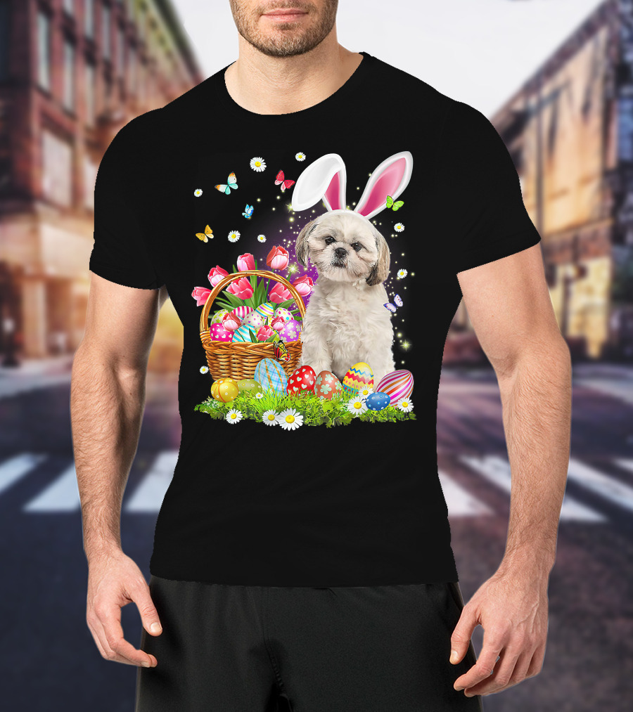 Shih Tzu Bunny Ears With Easter Eggs And Flower Basket T-Shirt