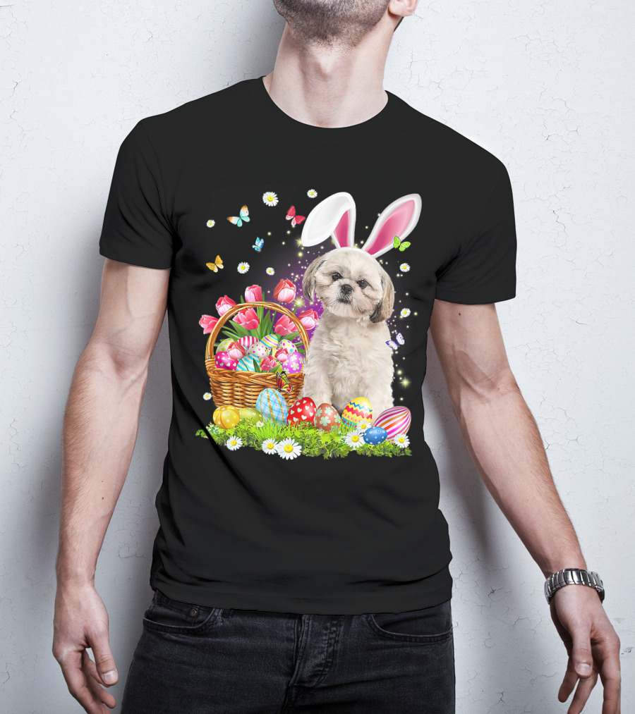 Shih Tzu Bunny Ears With Easter Eggs And Flower Basket T-Shirt