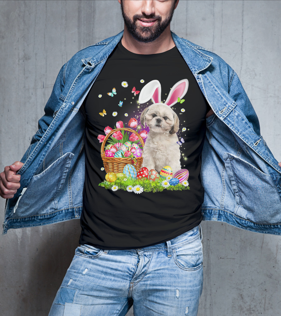 Shih Tzu Bunny Ears With Easter Eggs And Flower Basket T-Shirt