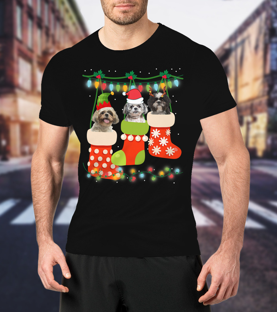 Cute Christmas Shih Tzu In Sock With Santa Hat Reindeer Antlers And Elf Hat T-Shirt