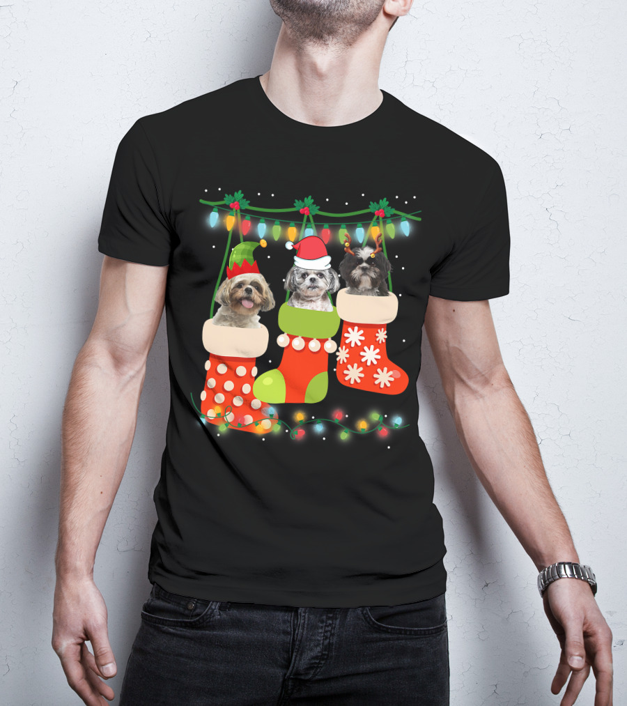 Cute Christmas Shih Tzu In Sock With Santa Hat Reindeer Antlers And Elf Hat T-Shirt
