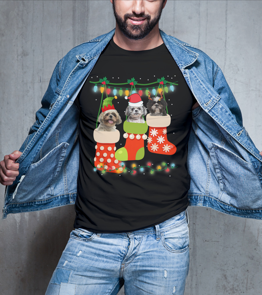Cute Christmas Shih Tzu In Sock With Santa Hat Reindeer Antlers And Elf Hat T-Shirt