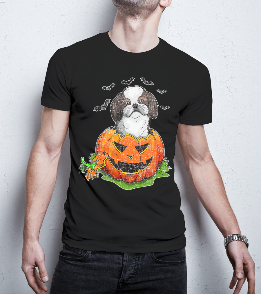 Cute Shih Tzu In Halloween Pumpkin With Bats T-Shirt